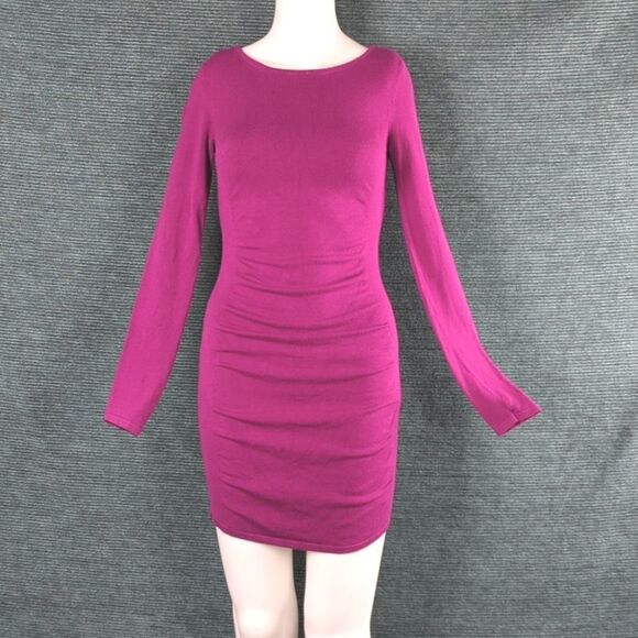 Express Fucsia/Raspberry Rain Blend Sweater Mini-Dress with Front Rusched Panel - Picture 1 of 9